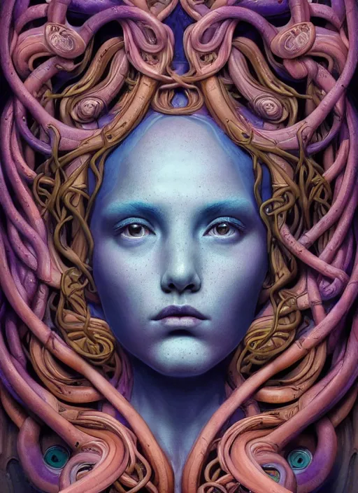 Prompt: medusa, subsurface scattering, wooden art nouveau swirls, strong subsurface scattering, cables, tubes, subsurface scattering, in the style of james jean and tomasz alen kopera and beeple, subsurface scattering, mystical colors, rim light, soft lighting, 8 k, stunning scene, raytracing, octane render, trending on artstation