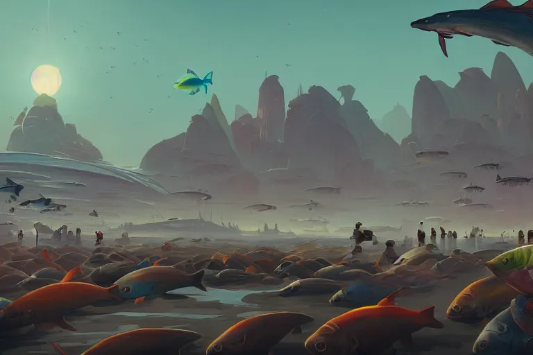 Prompt: crowded exoplanet fish market, big fishes on sale, ringed planet in the sky, dramatic lighting, artstation, matte painting, ralph mcquarrie, simon stalenhag