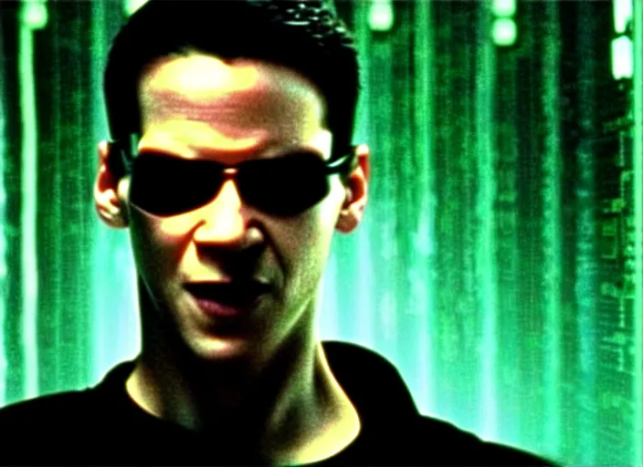 Prompt: Movie still of Neo in The Matrix movie doing a thumb up to the camera in front on burning servers.