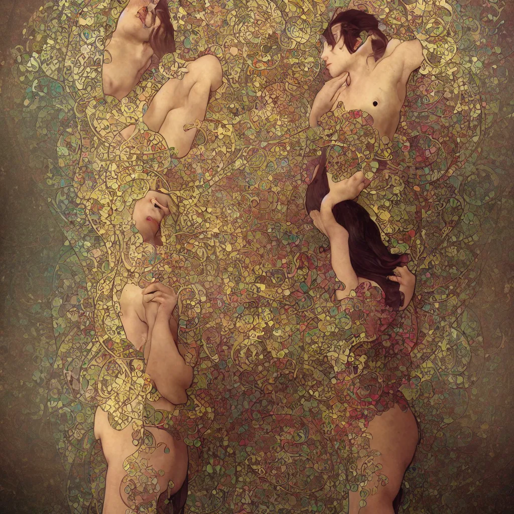 Image similar to human body made of thin rainbox Art Nouveau, Alphonse Mucha, cinematic realistic photo, octane render