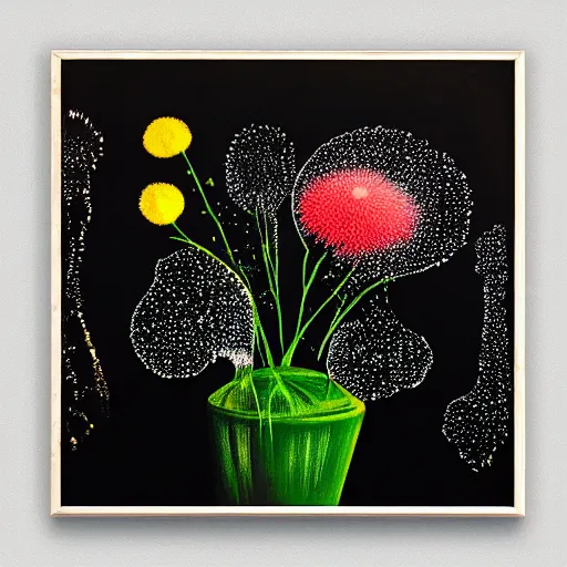 Image similar to a painting of a bunch of flowers on a black background, an ultrafine detailed painting by otto piene and ross bleckner, behance contest winner, nuclear art, biomorphic, dye - transfer, calotype