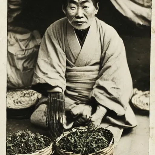 Prompt: Portrait of a 19th century Japanese vegetable trader at a Kyoto street market, 1900s photography