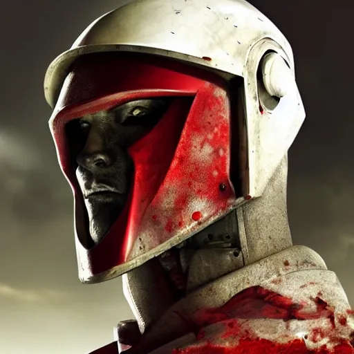 Prompt: a towering soldier, wearing blood - spattered glossy sleek white dinged scuffed armor and a long torn red cape, heroic posture, battle - weary, strained expression, determined expression, no helmet, on the surface of mars, dramatic lighting, cinematic, sci - fi, hyperrealistic, detailed