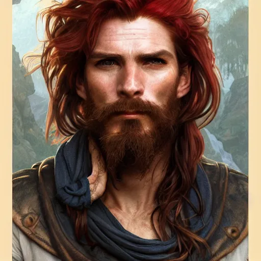 Image similar to portrait of a young ruggedly handsome but joyful pirate, male, masculine, upper body, red hair, long hair, d & d, fantasy, piercing gaze, sharp features, intricate, elegant, highly detailed, digital painting, artstation, concept art, matte, sharp focus, illustration, art by artgerm and greg rutkowski and alphonse mucha