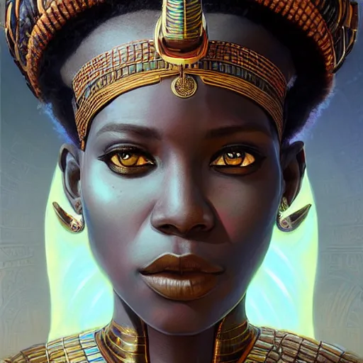 Image similar to highly detailed portrait of an african egyptian goddess, intricate alien technology, stephen bliss, unreal engine, fantasy art by greg rutkowski, loish, rhads, ferdinand knab, makoto shinkai and lois van baarle, ilya kuvshinov, rossdraws, tom bagshaw, global illumination, radiant light, detailed and intricate environment