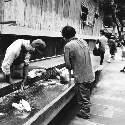 Image similar to hobos eating fish from aquarium, black and white, old photo, realistic