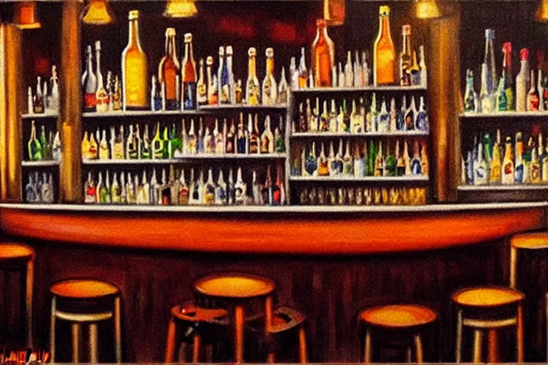 Image similar to a drunken bottle of beer stands a bar yelling at the bar tender, art by dean macadam