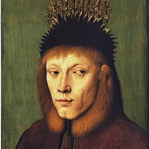 Prompt: portrait of a king with a lions head for a head, oil painting by jan van eyck, northern renaissance art, oil on canvas, wet - on - wet technique, realistic, expressive emotions, intricate textures, illusionistic detail