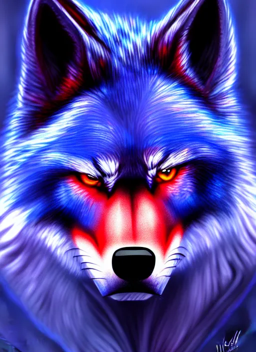 Image similar to blue wolf, red eyes highly detailed, deep focus, digital painting, smooth, sharp focus, anime art style, trending on artstation, 4 k