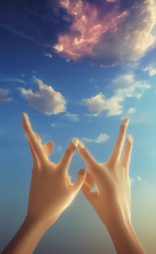 Prompt: floating pair of hands in the sky, stunning vaporwave surreal render, volumetric lighting, golden hour, highly detailed, cgsociety