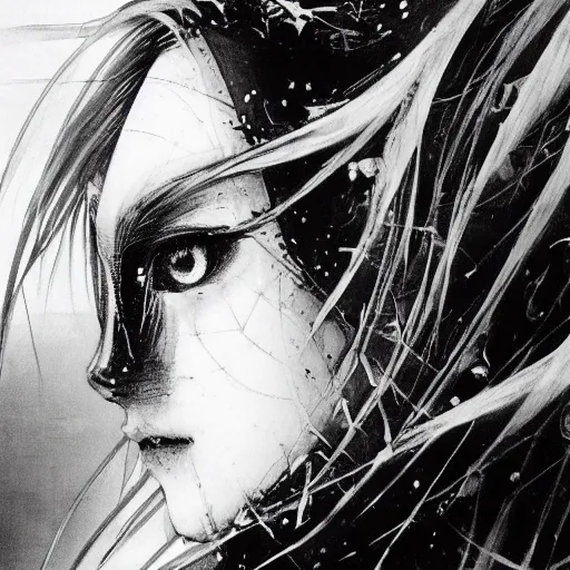 Prompt: yoshitaka amano blurred and dreamy illustration of an anime girl with bandage on the eyes, wavy white hair and cracks on her face near eyes wearing elden ring armour with the cape fluttering in the wind, abstract black and white patterns on the background, noisy film grain effect, highly detailed, renaissance oil painting, weird portrait angle