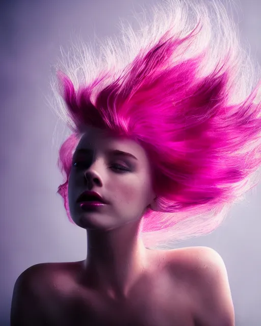 Image similar to a dramatic lighting photo of a beautiful young woman with cotton candy hair. blood splashes with a little bit of cyan and pink