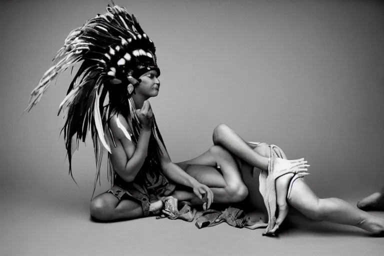 Prompt: a woman in a buffalo headdress sitting on the ground with one leg raised, cosplay, photoshoot, studio lighting, photograph by Bruce Weber