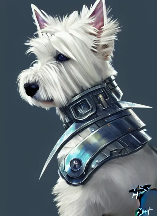 Prompt: a west highland white terrier, anime art style, wearing futuristic, led - lit armor, and a cannon mounted on his back, portrait, high detail, sharp focus, digital painting, artstation, concept art, art by hayao miyazaki and artgerm and greg rutkowski and alphonse mucha.