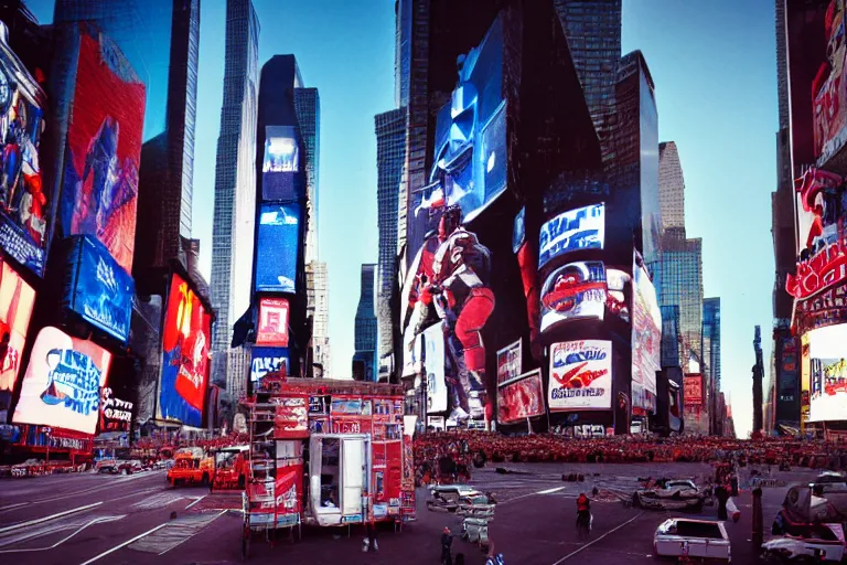 Image similar to optimus prime and godzilla in times square, cinestill, anamorphic lens