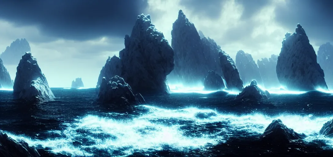 Image similar to octane render uhd, 8 k art photography, filmic lighting, cinematic art shot, hyperrealistic, hyperdetailed, super detailed, 8 k, high resolution, mysterious strangle glowing crystalline structure made of white rocks in the far distance, 8 k uhd matte painting by ross tran and ivan aivazovsky, black water, midnight
