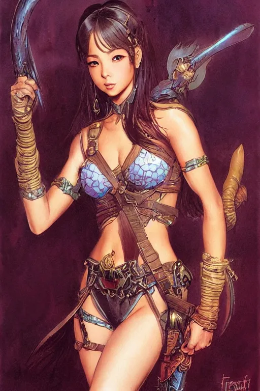 Prompt: a portrait of a cute fantasy girl, looks like lisa from blackpink, by frank frazetta, larry elmore, jeff easley and ross tran