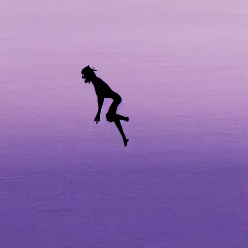 Image similar to purple sunset with a real black silhouette of a demonic walking on water, the sky falls to the ground, high detail