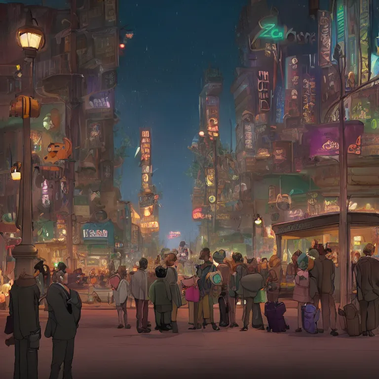 Image similar to few people waiting in a bus stop in dark city night, detailed, high quality, high resolution, screenshot from Zootopia