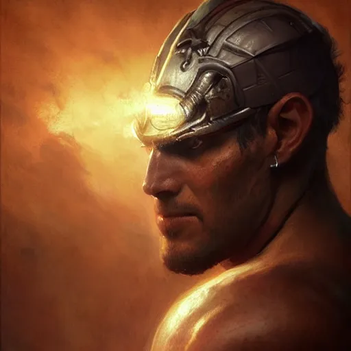 Image similar to handsome portrait of a spartan guy bodybuilder posing, radiant light, caustics, war hero, dragon age inquisition, by gaston bussiere, bayard wu, greg rutkowski, giger, maxim verehin