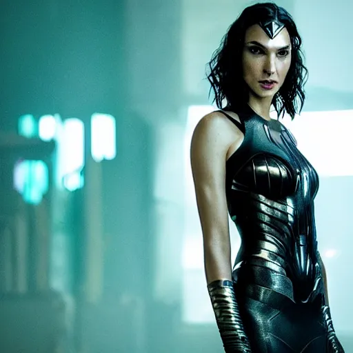 Prompt: gal gadot as a cyberpunk cyborg goth woman from blade runner 2 0 4 9 movie, pale skin, sensual, beautiful soft light failling on her face, studio photography, nikon 3 5 mm portrait photography, ultra realistic