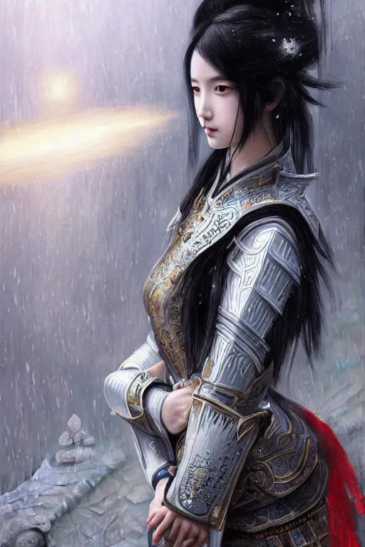 Prompt: portrait black hair young knights of Dynasty Warriors girl, matt white color armor, in ruin chinese temple rooftop heavily rain magic night, ssci-fi and fantasy, intricate and very beautiful and elegant, highly detailed, digital painting, soft light, artstation, concept art, smooth and sharp focus, illustration, art by tian zi and WLOP and alphonse mucha