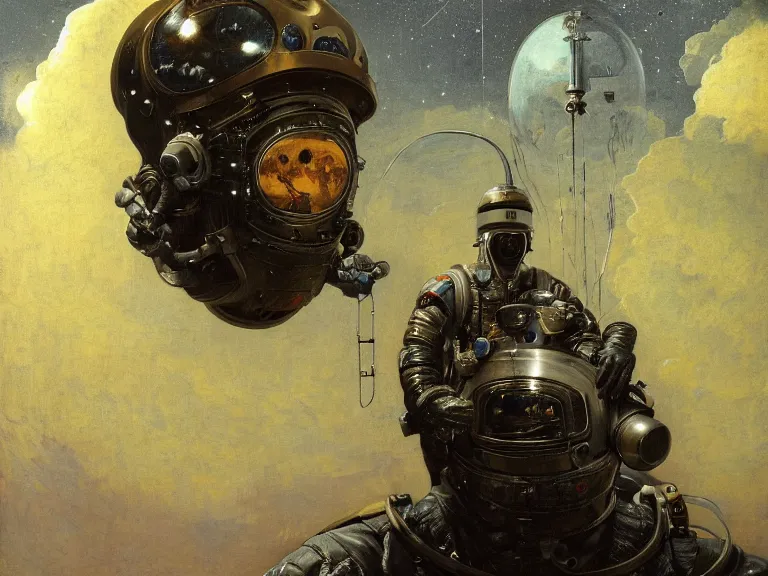 Image similar to a detailed profile oil painting of an explorer in a spacesuit with reflective helmet, advanced technology flight suit, portrait symmetrical and science fiction theme with aurora lighting clouds and stars by beksinski carl spitzweg and tuomas korpi. baroque elements, full-length view. baroque element. intricate artwork by caravaggio. Trending on artstation. 8k