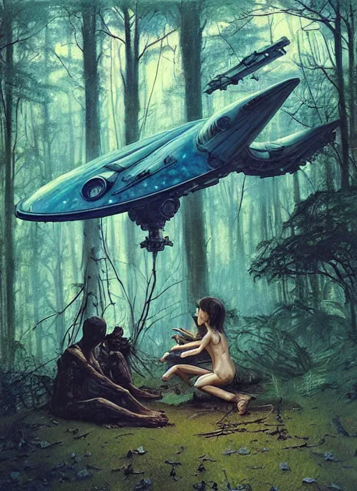 Image similar to spaceship in the woods by a river gorgeous lighting, lush forest foliage blue sky a hyper realistic painting by chiara bautista and beksinski and norman rockwell and greg rutkowski, weta studio, and lucasfilm