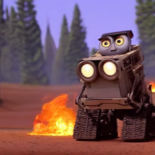 Prompt: Pixar animation of wall-e burning a forest