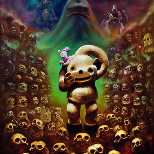 Image similar to teletubby perched atop a throne of skulls, epic dark fantasy oil painting, dimly lit masterpiece, disturbing and evil