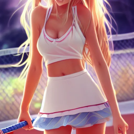 Image similar to a very beautiful young anime tennis girl, full body, long wavy blond hair, sky blue eyes, ( ( ( full round face ) ) ), short smile, bikini, miniskirt, front view, mid - shot, highly detailed, cinematic wallpaper by stanley artgerm lau