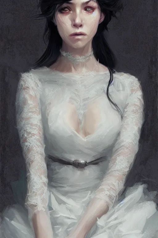 Prompt: rpg character art of a rogue woman, detailed lace dress, half body shot, gorgeous face, by jeremy lipking, by studio ghibli, by disney, video game fanart, digital art