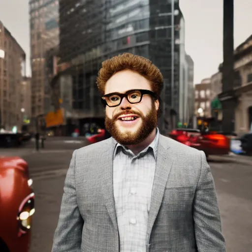 Prompt: seth rogan on a street wearing a suit, laughing, portrait, realistic, city street, detailed, depth of field, sharp focus