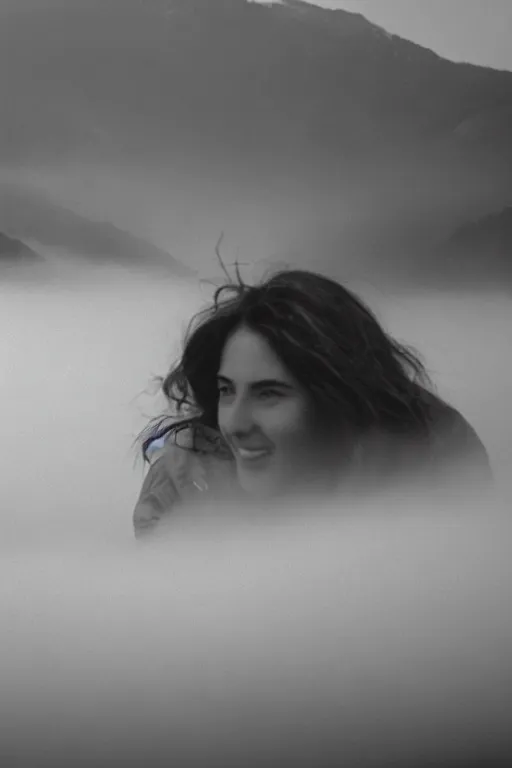 Image similar to film still of extreme close-up at young woman smile, fog, mountains in distance, 35mm