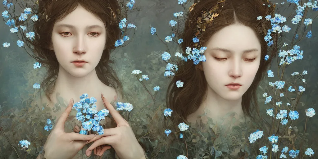 Image similar to breathtaking detailed concept art painting portrait of the goddess of nemophila flowers, orthodox saint, with anxious piercing eyes, ornate background, amalgamation of leaves and flowers, by hsiao - ron cheng, extremely moody lighting, 8 k