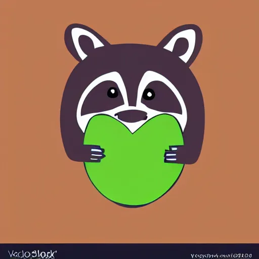 Image similar to children's book style illustration of a grumpy raccoon eating an avocado