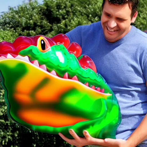 Prompt: man holding a massive gummy aligator glossy, detailed, realistic high resolution photo