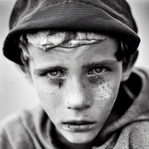 Prompt: A close-up portrait of a homeless teenage caucasian boy with a dirty face and a melancholic expression wearing a classical jeans English cap with a sunny Amsterdam in the background, by Lee Jeffries, harsh lighting, Steve McCurry, uneven skintone, coarse skin, striking features, frontal lighting, 50mm