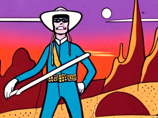 Prompt: an illustration of the Lone Ranger in the wild west town. flat colors, limited palette in FANTASTIC PLANET La planète sauvage animation by René Laloux