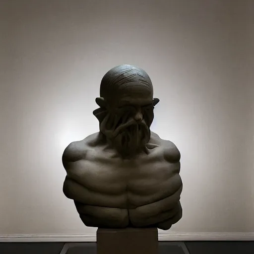 Image similar to louvre of sinister statues. dimmed light. dust. ominous. photoreal. hyper detailed