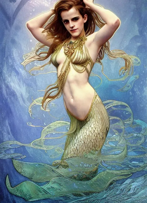 Image similar to Emma Watson as mermaid swimming underwater, full body shot, cute, fantasy, intricate, elegant, highly detailed, digital painting, 4k, HDR, concept art, smooth, sharp focus, illustration, art by alphonse mucha,artgerm, H R Giger