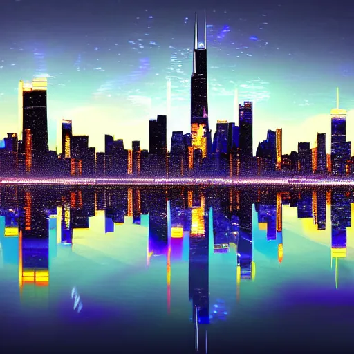 Prompt: cyberpunk version of chicago skyline, digital art, 8k, reflections