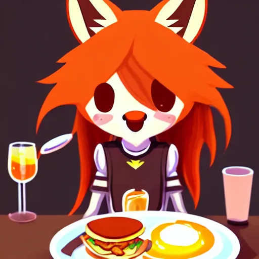 Prompt: a cute anthropomorphic maned wolf girl having a bacon and eggs breakfast at the quiet and cheery local place. league of legends splash art