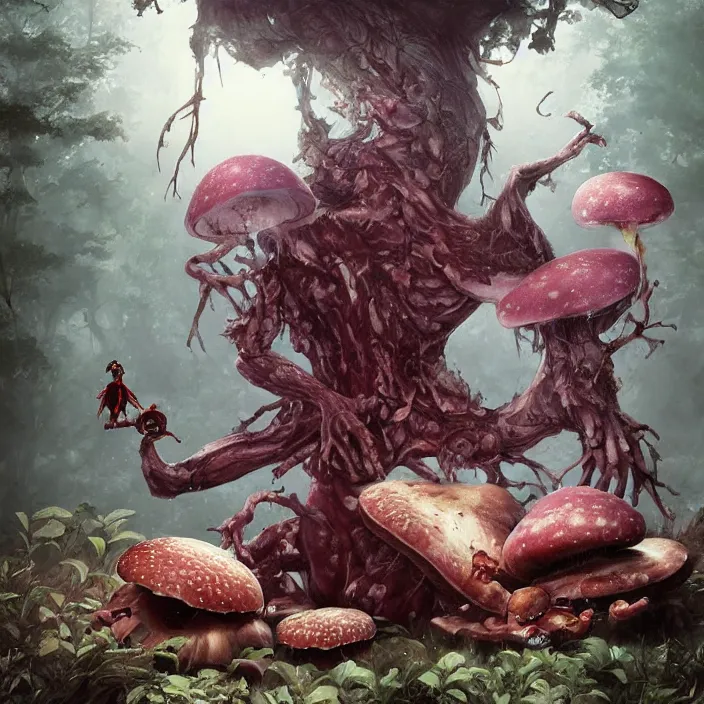 Image similar to Carnivore godlike fairy eating a frog alive , giant mushrooms , psychedel tint , Junji Ito and Greg rutkowski