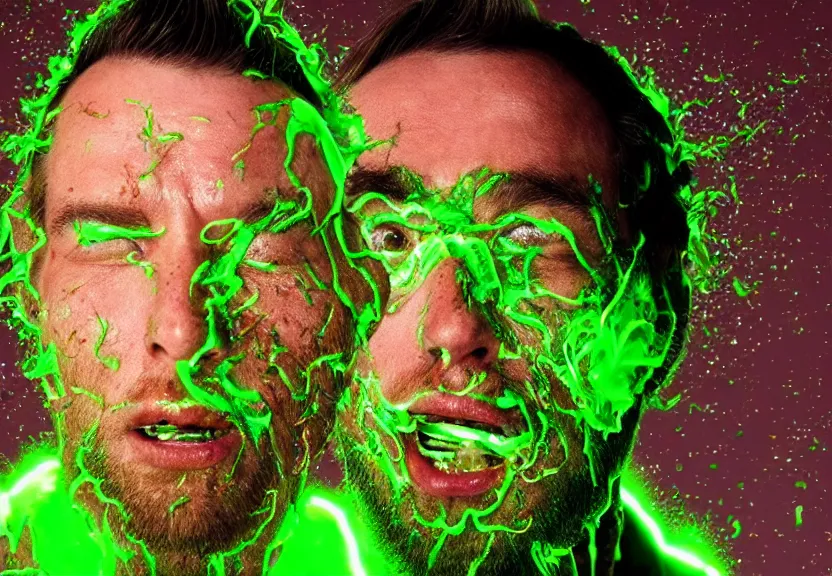 Image similar to a ultra realistic photograph of a man's face being melted off with oozing neon green and white honey