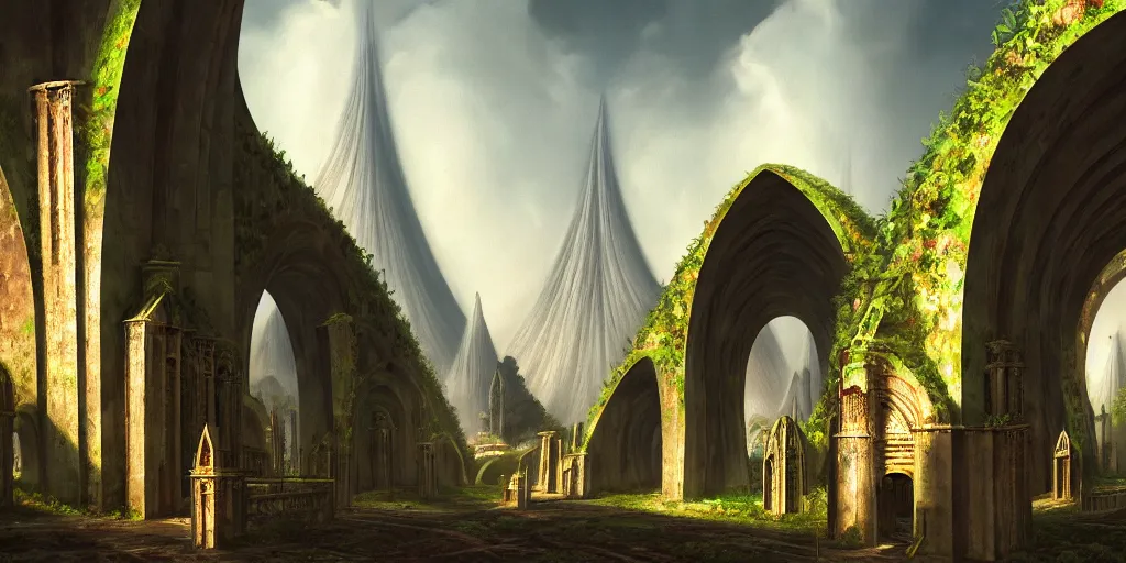 Prompt: a spindle of infinite height surrounded by archways and buttresses of monuments above the catacombs, surrounded by banana groves, tomb of the eaters of the earth, matte oil painting, science fantasy, retrofuturism, sharp focus, extremely detailed, 4 k