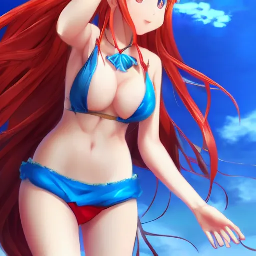 Prompt: a very beautiful mature yuuki asuna, full body, long wavy red hair, sky blue eyes, full round face, bikini, miniskirt, front view, mid - shot, cute pose, highly detailed, cinematic wallpaper by stanley artgerm lau