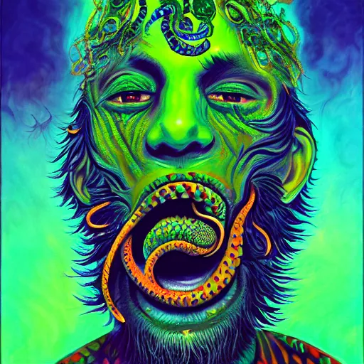 Image similar to a painting of a psychedelic shaman with snakes coming out of his mouth, a surrealist painting, polycount, behance, surrealism, surrealist, lovecraftian, cosmic horror, grotesque