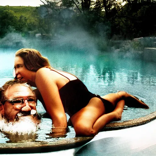 Prompt: big sir sitting in a hot spring with a super model, film still