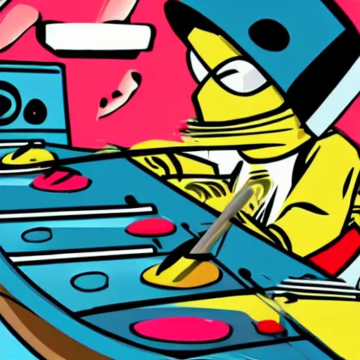 Prompt: 90s retro illustration of a ninja smashing up a mixing console in a studio